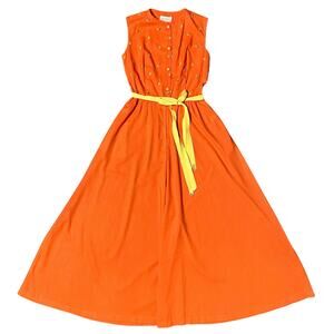 Vintage 1970s Raymodes NY Orange Embroidered Flower Wide Leg Sleeveless Jumpsuit